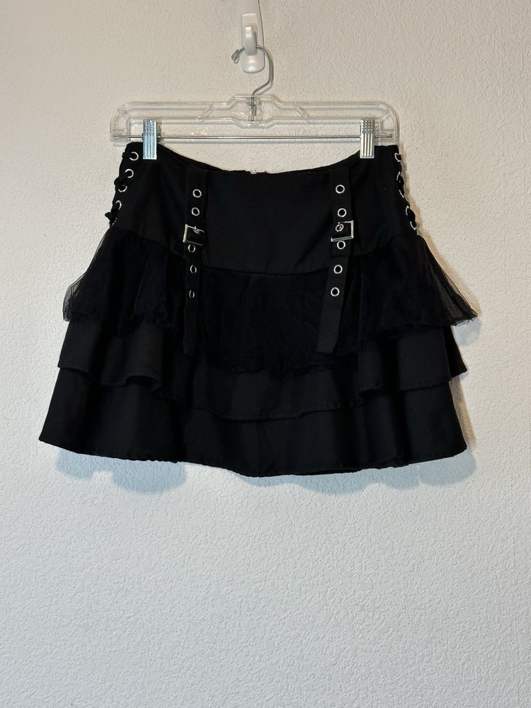 Hot Topic Womens Goth Punk Tiered Ruffle Tulle Buckle Mini Skirt Size S Black