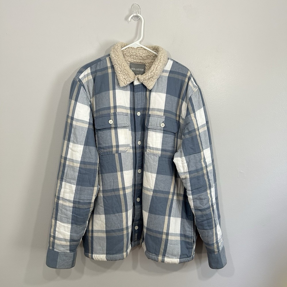 Hollister Men’s XXL Sherpa-Lined Blue & Cream Plaid Flannel Shacket