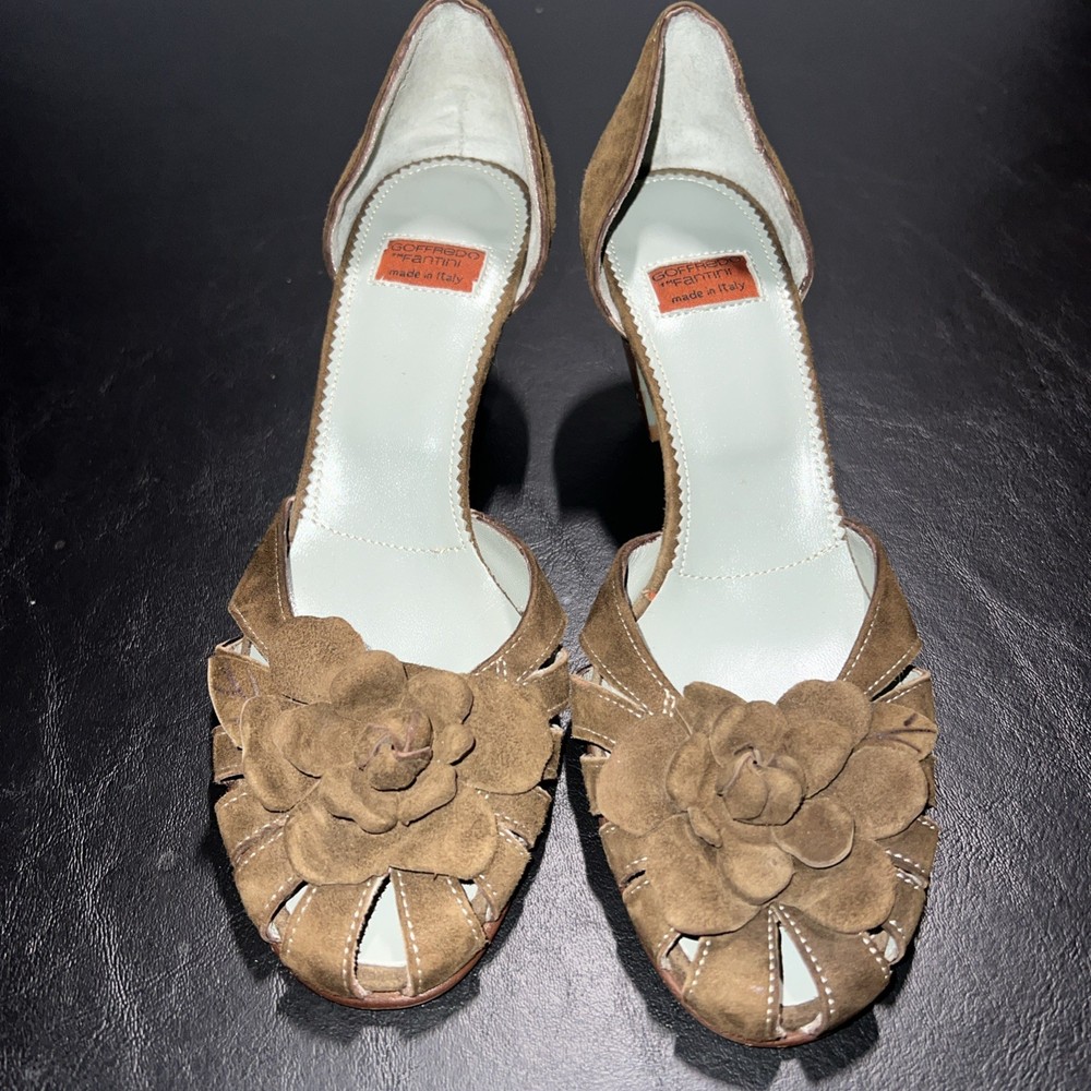 Vintage Goffredo Fantini  Brown Suede Leather Heels Sz 36 made in Italy floral