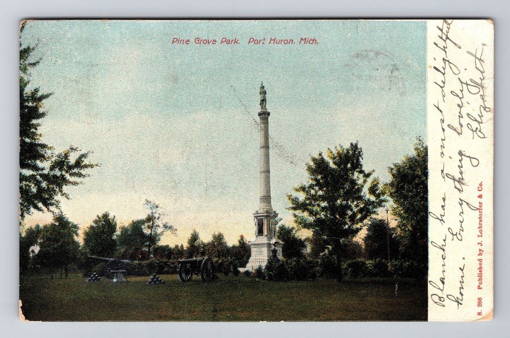 Port Huron MI-Michigan, Pine Grove Park, Monument, Cannons, Vintage Postcard