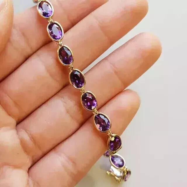 10 Ct Oval Cut Lab Created Tennis Amethyst Bracelet Gift 14K Ye Gold Plated 7.5