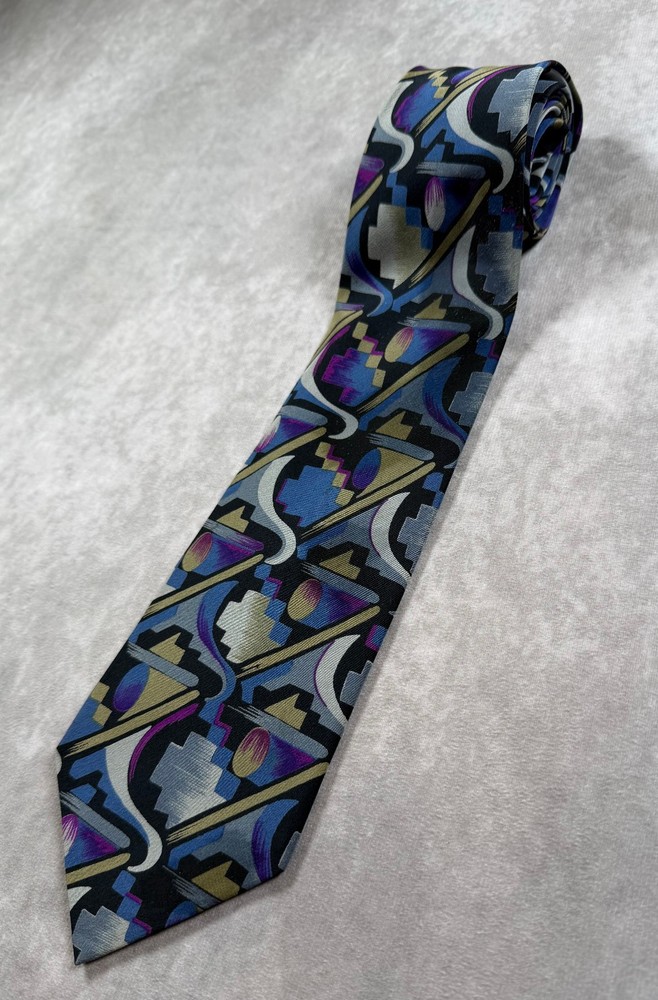 Bachrach 100% Silk Tie Purple Blue Gray Geometric Wide 57” Made Canada