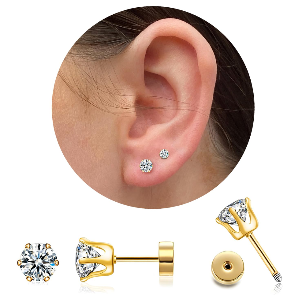 5mm CZ Stud Earrings in 14K Gold with Flat Back Cubic Zirconia