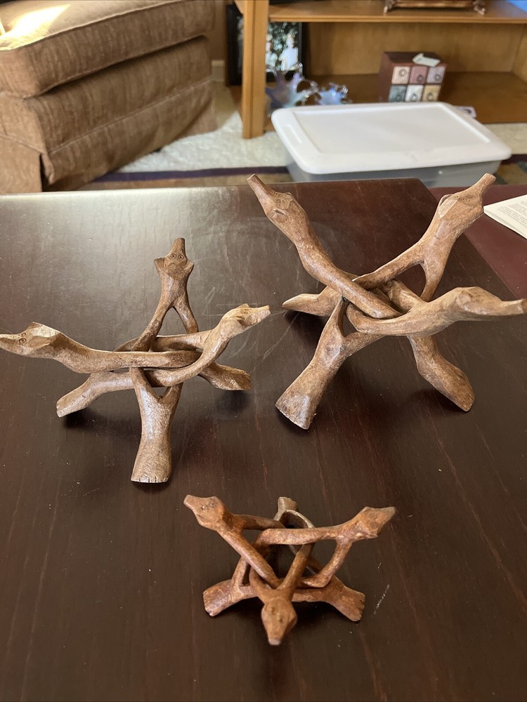 Interlocking Wooden Tripod Carved Stand 3 Piece Set