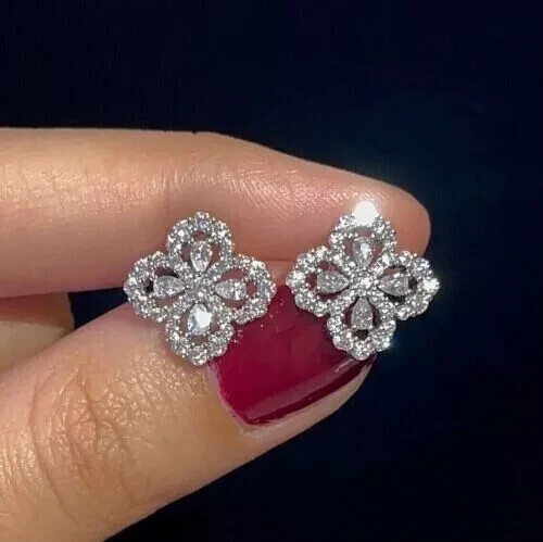 2Ct Pear Cut Moissanite Cluster Flower Halo Stud Earrings 14K White Gold Plated