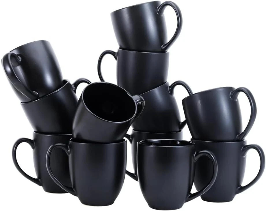 12-Pack Matte Black Stoneware Coffee Mugs 16oz Commercial Grade Ceramic