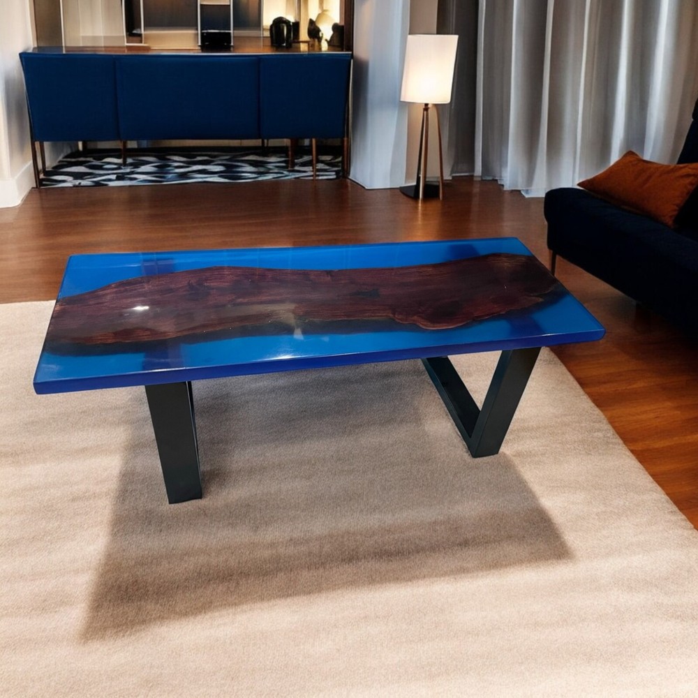Blue Resin Epoxy Dining Table with Acacia Wood & Iron Legs – Modern Countertop Decor