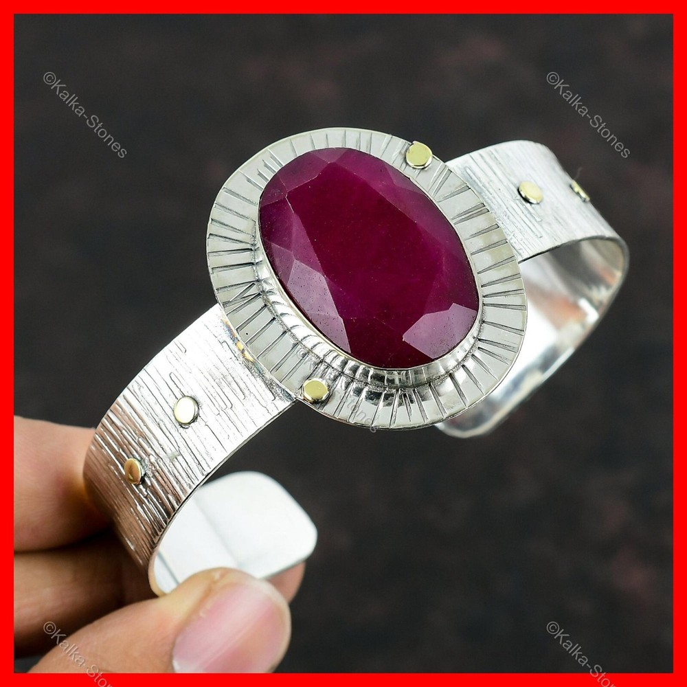 Sterling Silver Oval Kashmir Ruby Boho Bangle Bracelet for Mother's Day-image