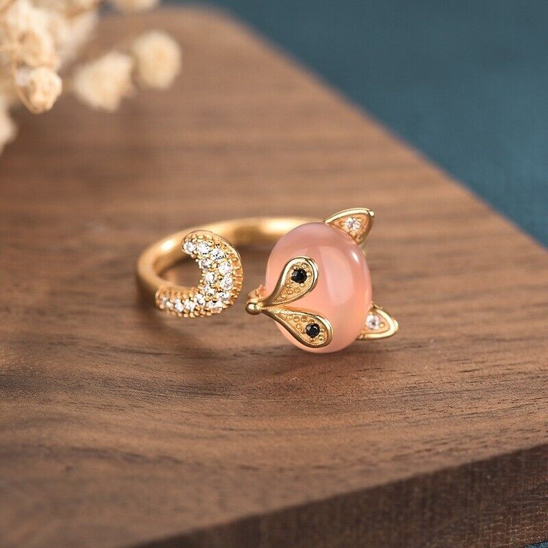 Pink Natural Jade Fox Rings Stone 18K Gold Plated Amulet Real Jewelry