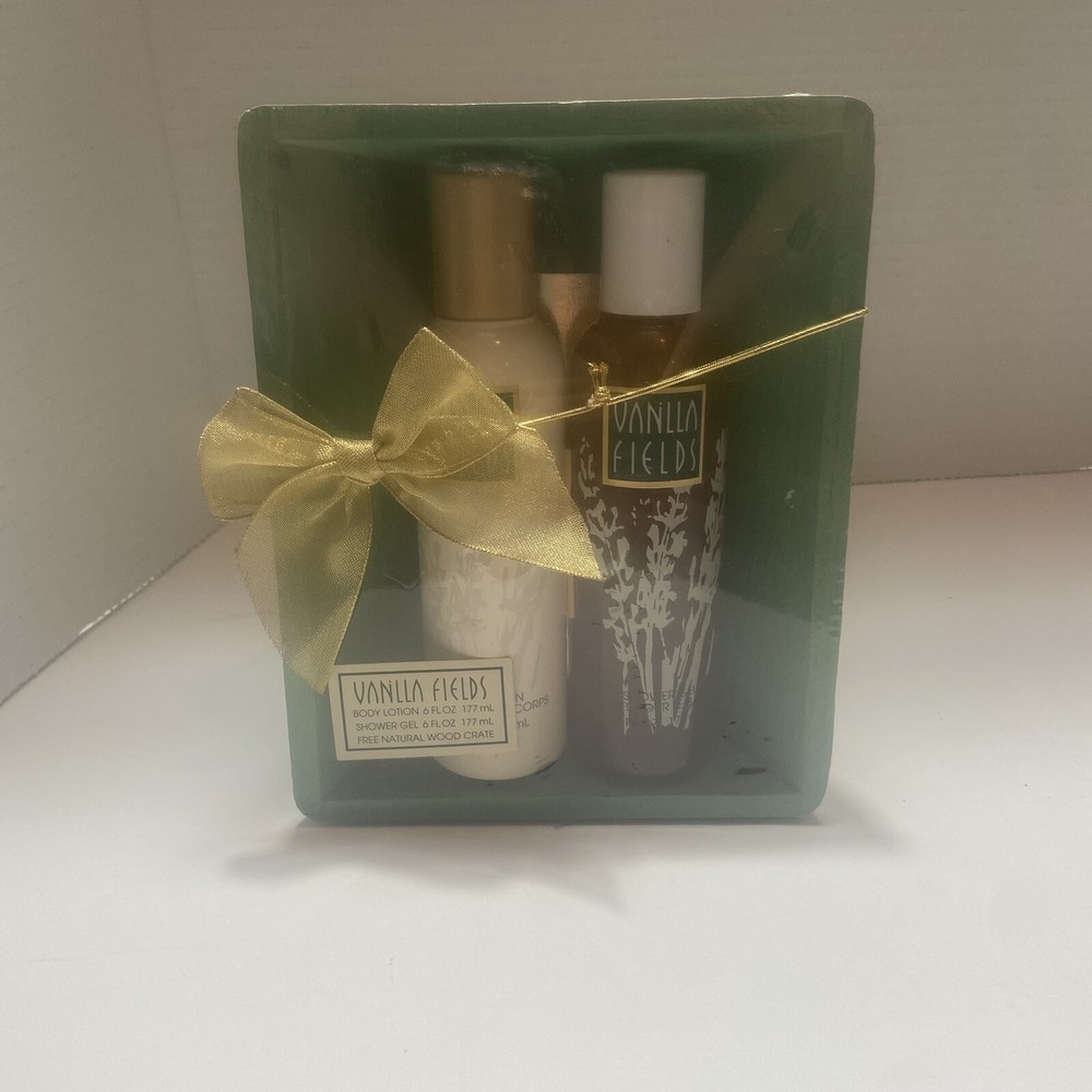 Vanilla Fields By COTY VTG lotion And Shower Gel 6oz Wood Crate Gift Set