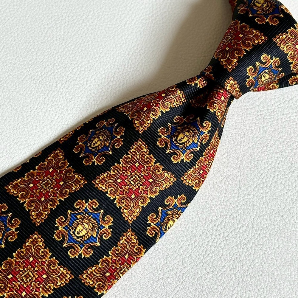 Gianni Versace 90s Silk Tie Medusa Baroque Check Black Gold Italy From Japan