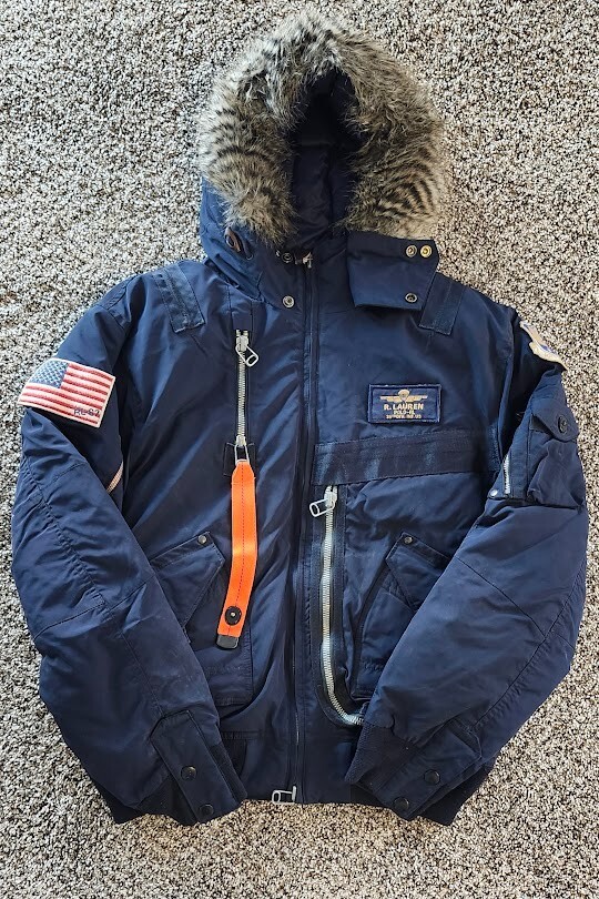 Navy Blue Polo Ralph Lauren N-2A Down Jacket Flight Jacket w/Faux Fox Fur Hood