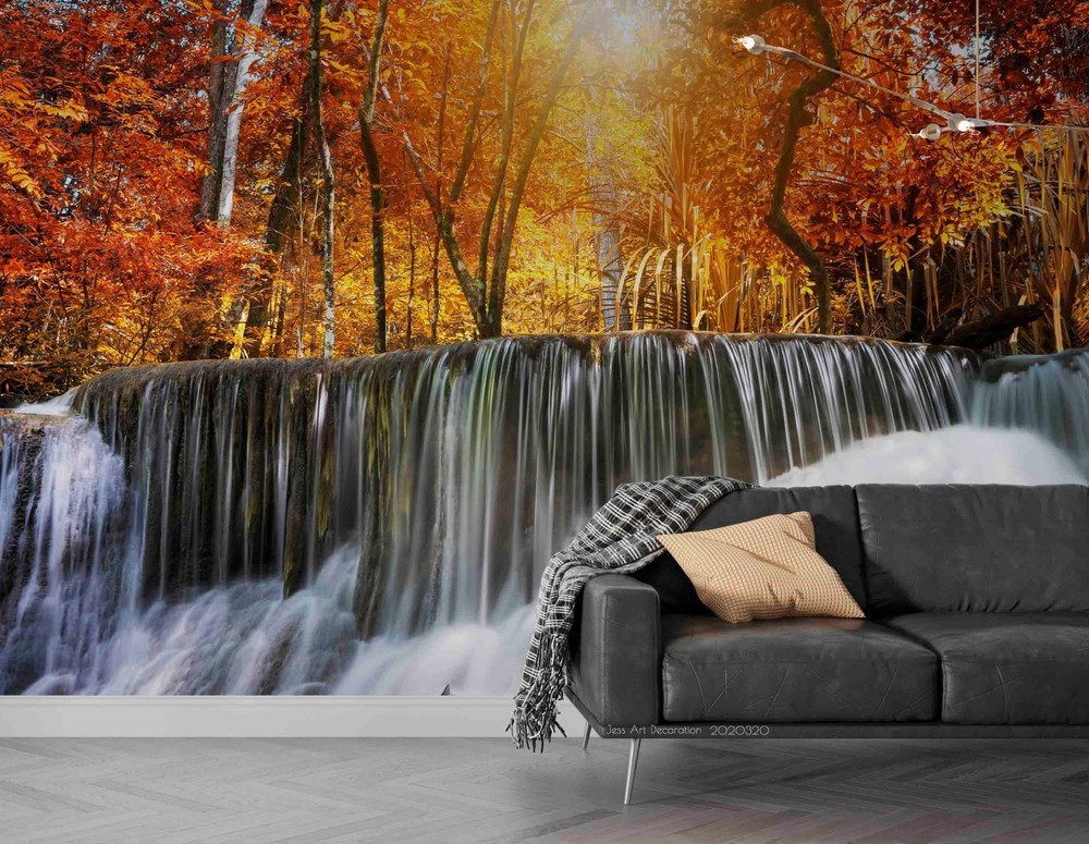 3D Forest Waterfall Autumn Landscape Wall Murals Wallpaper Murals Wall Sticker
