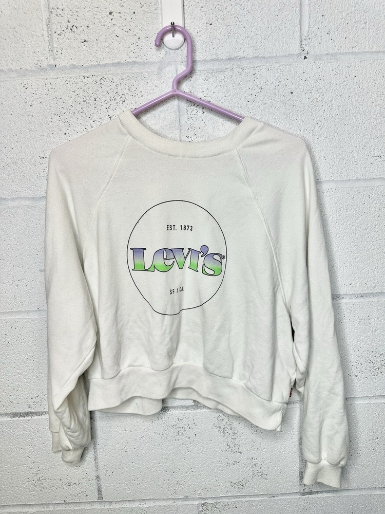 Levi's Cropped Graphic-Print Crew Neck Sweatshirt White Size Small Women's