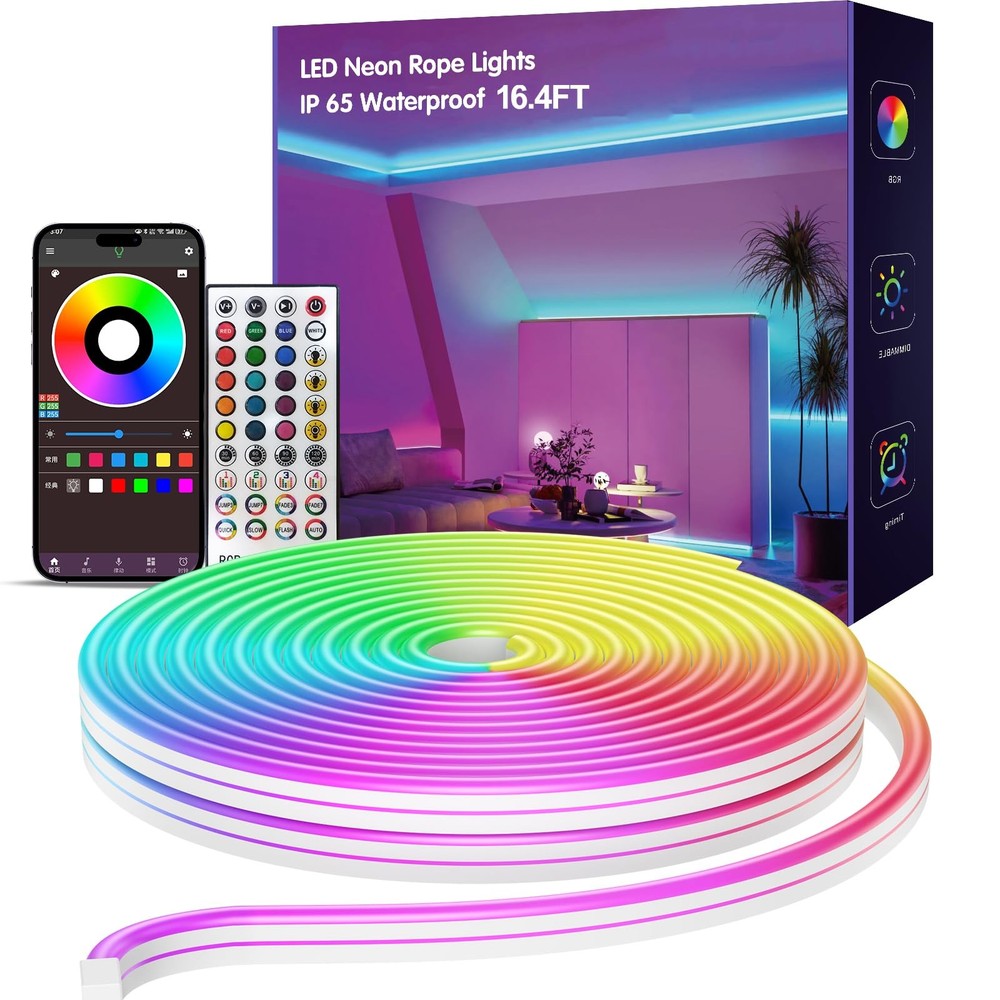16.4ft Neon Rope Lights RGB LED Strip IP65 Waterproof for Bedroom Outdoor