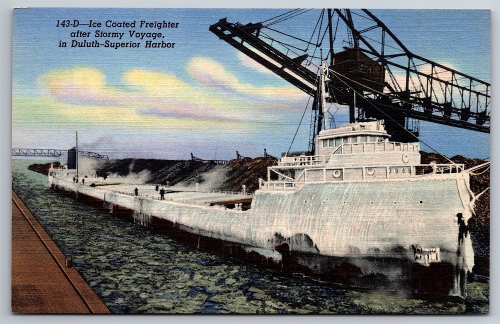 Ice Coated Freighter Stormy Voyage Duluth Superior Harbor MN C1930 Postcard J1