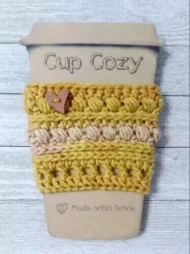 handmade crochet coffee cup cozy drink sleeve heart button cinnamon