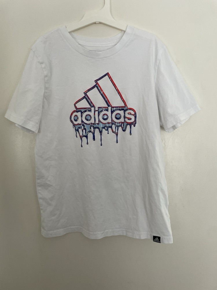 adidas Kid Boy 3 Stripes Logo Graphic Regular Fit Short Sleeve Shirt White 10/12