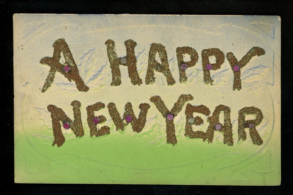 New Years Greetings postcard heavy embossed gold tinsel Vintage-image