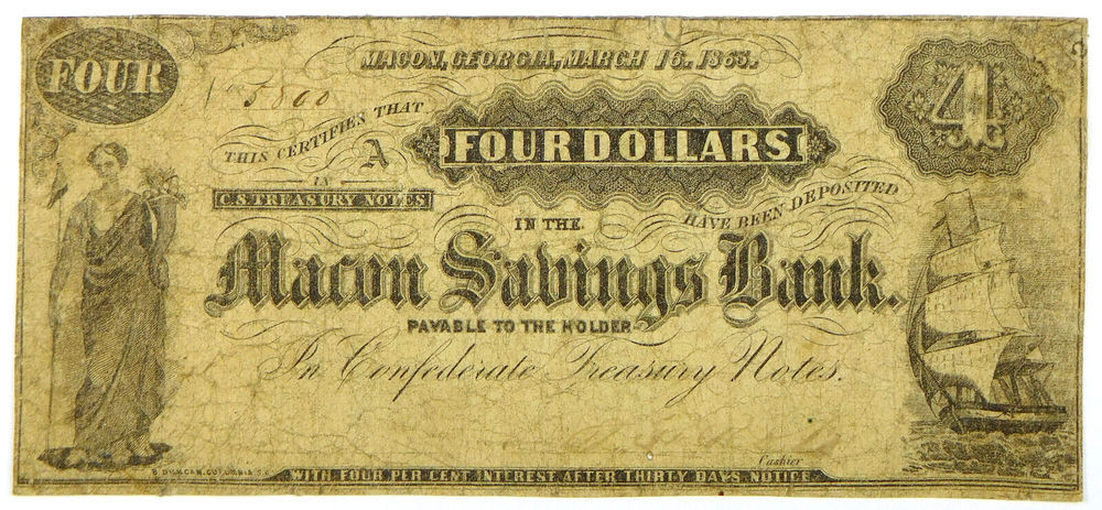 1863 $4 Macon Savings Bank - Macon, Georgia Obsolete Note