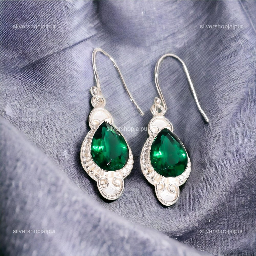 925 Silver Handmade Emerald Dangling Earrings for Mother's Day Sale-image