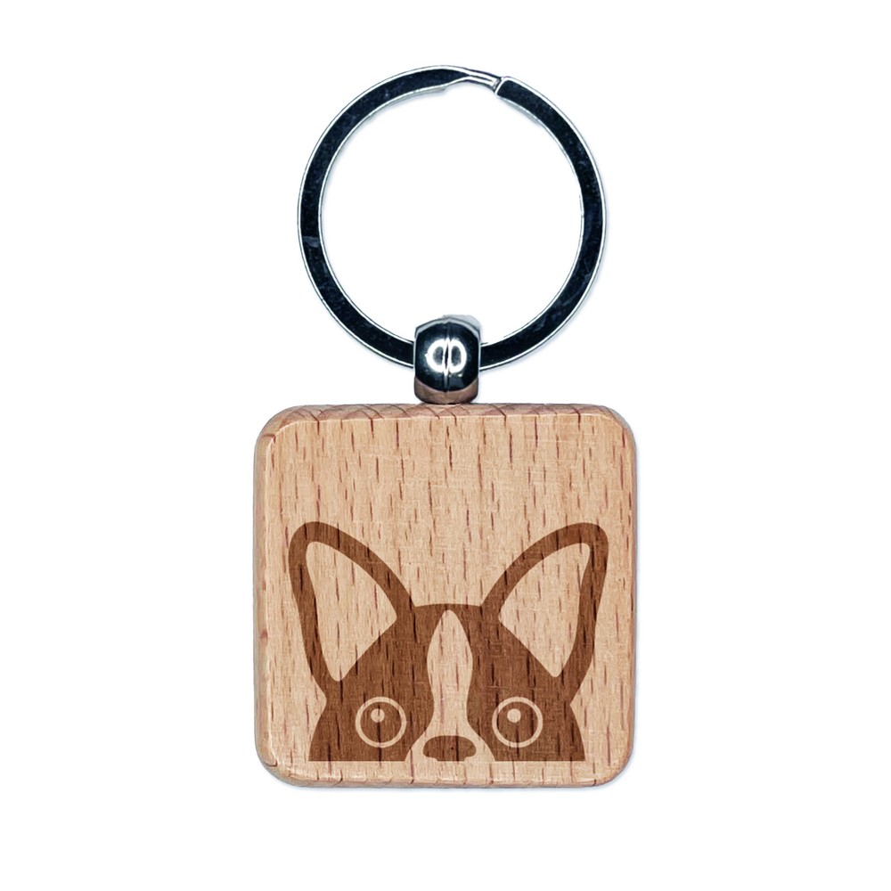 Boston Terrier Dog Engraved Wooden Square Keychain Charm