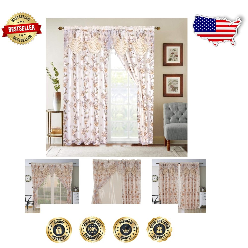 Elegant Floral Flower Curtain Panel Set with Valance - 55x84 for Luxury Living