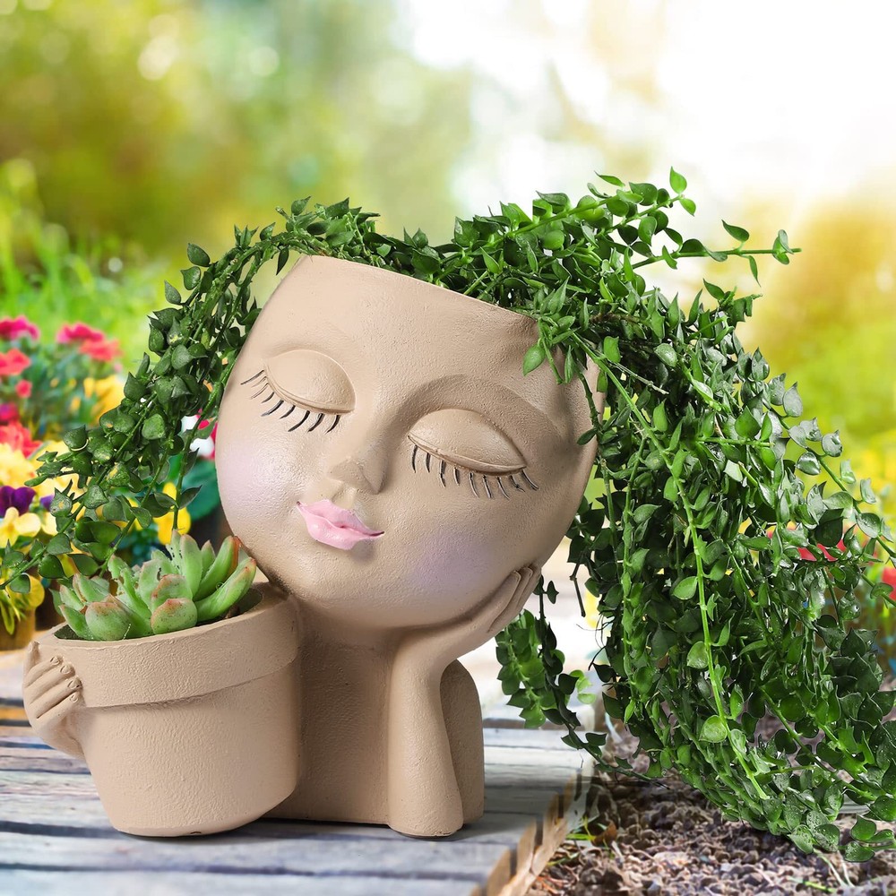 Face Planter Pot - Double Flower Pots in for Indoor Outdoor Plants Resin Head...