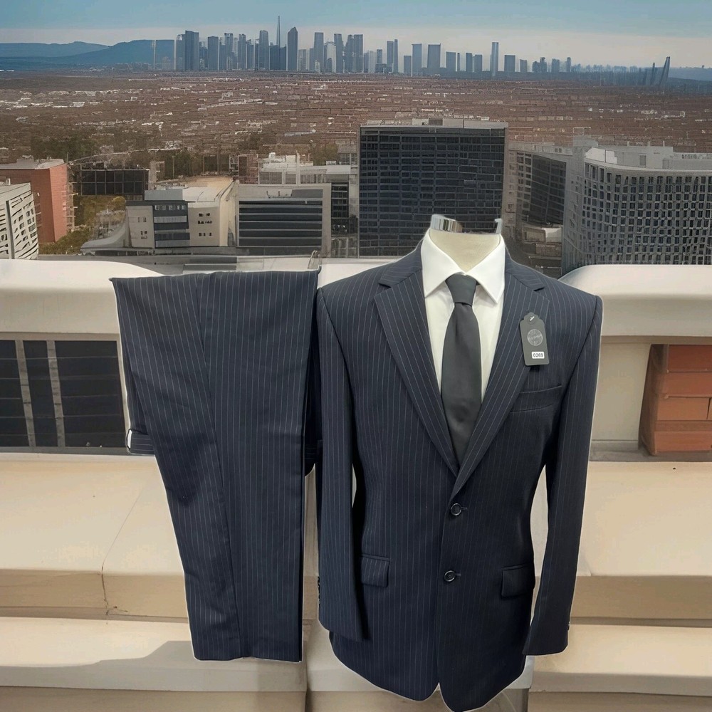 M&S Navy Stripe Regular Fit Wool 2-Piece Suit Size 38M 36W 31L