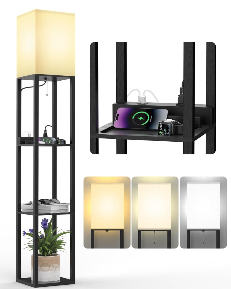 Floor Lamp with Shelves, Shelf USB Floor Lamp, 3 Color Temperatures Solid Woo...