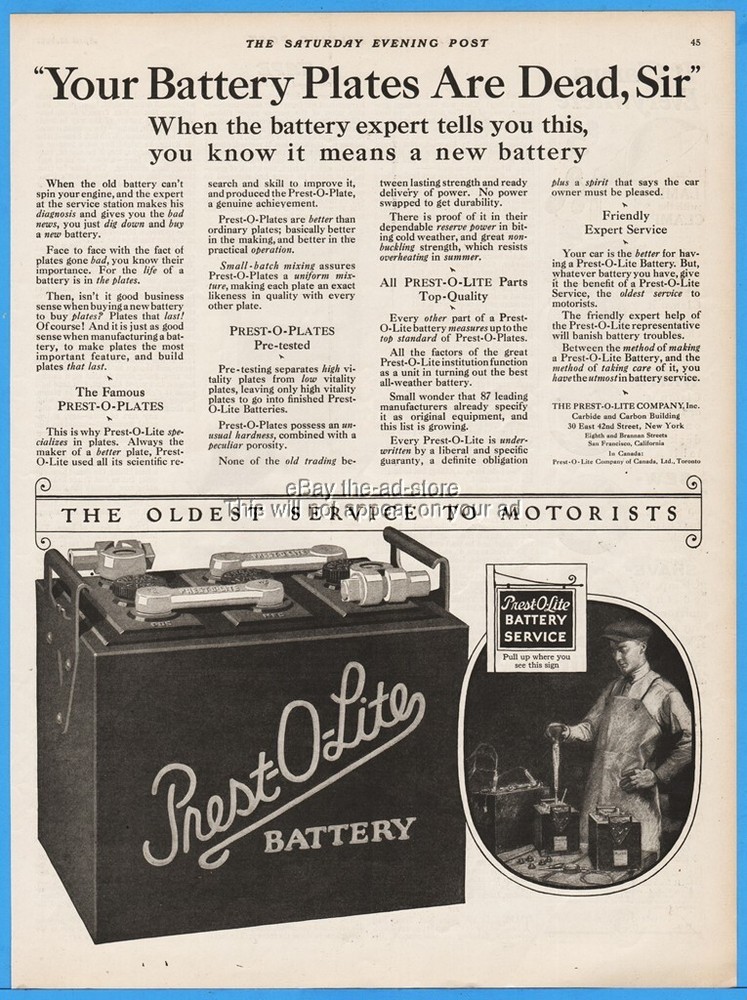 1922 Prest O Lite Co New York Your Battery Plates Are Dead Sir Garage Decor Ad
