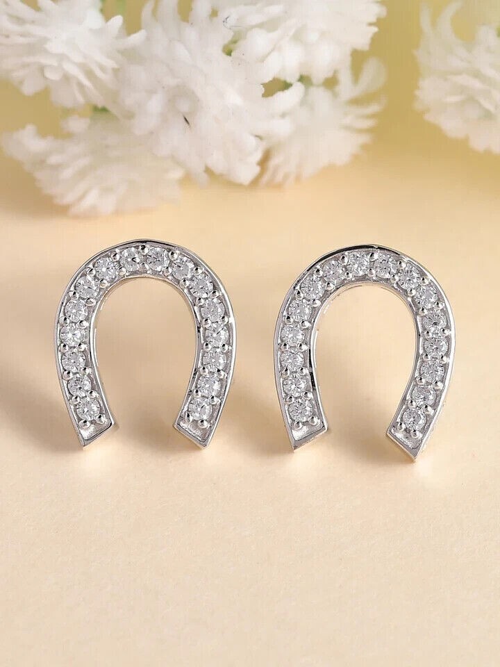 1Ct Round Cut Simulated Diamond Horse Shoe Stud Earrings 14K White Gold Plated
