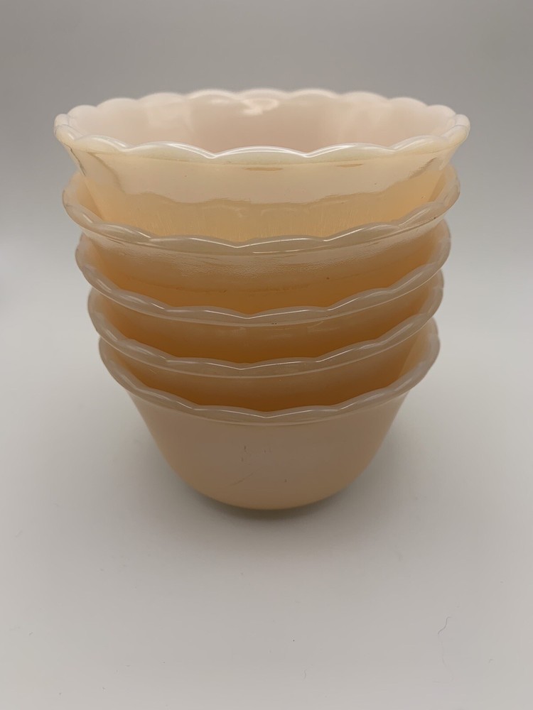 Vintage Fire King Peach Lustre Swirl Custard Cups Set of 5 Scalloped Rim