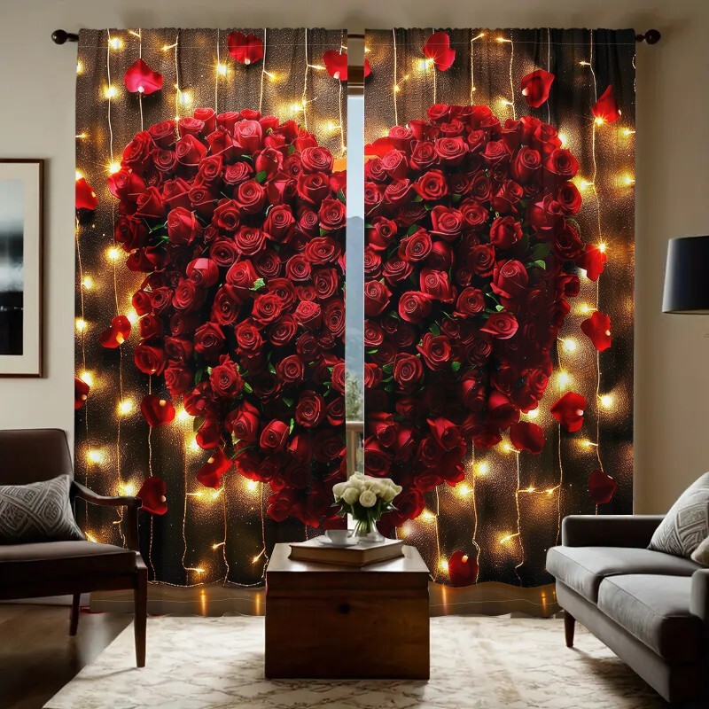 2Pcs Romantic Valentine's Day Window Curtain Drapes Bedroom Living Room Kitchen