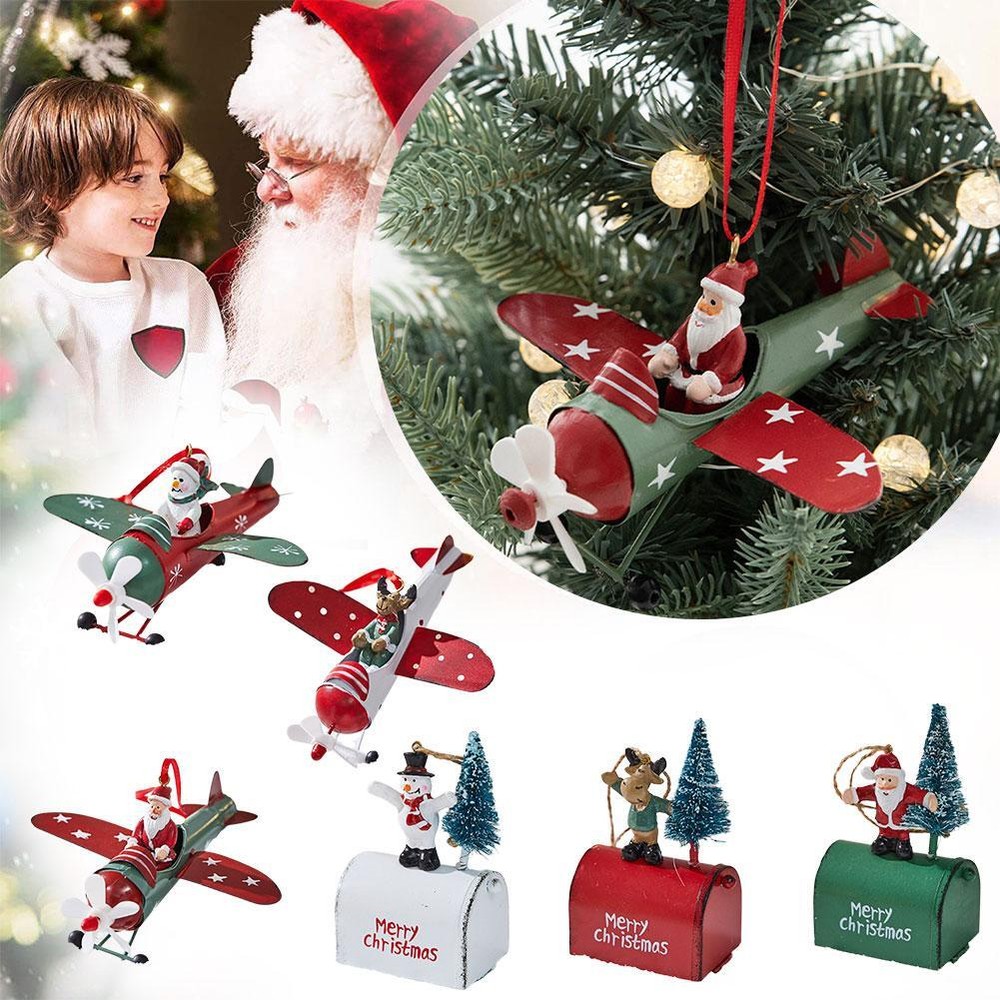 Retro Iron Christmas Pendant Santa Claus Airplane Christmas Tree Hanging Decor`