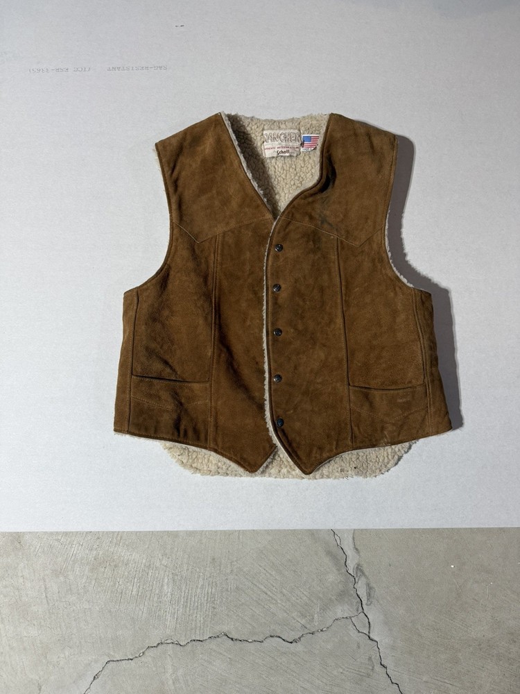 VINTAGE Rancher Schott Vest Suede Leather Shearling Sherpa Lined XL Western