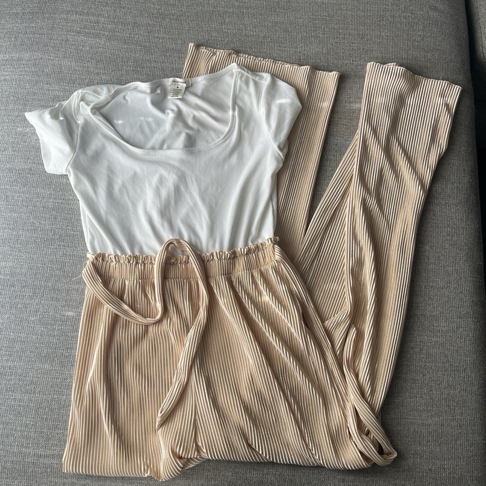 No Comment White Top and Beige Pleated Jumpsuit Size Medium