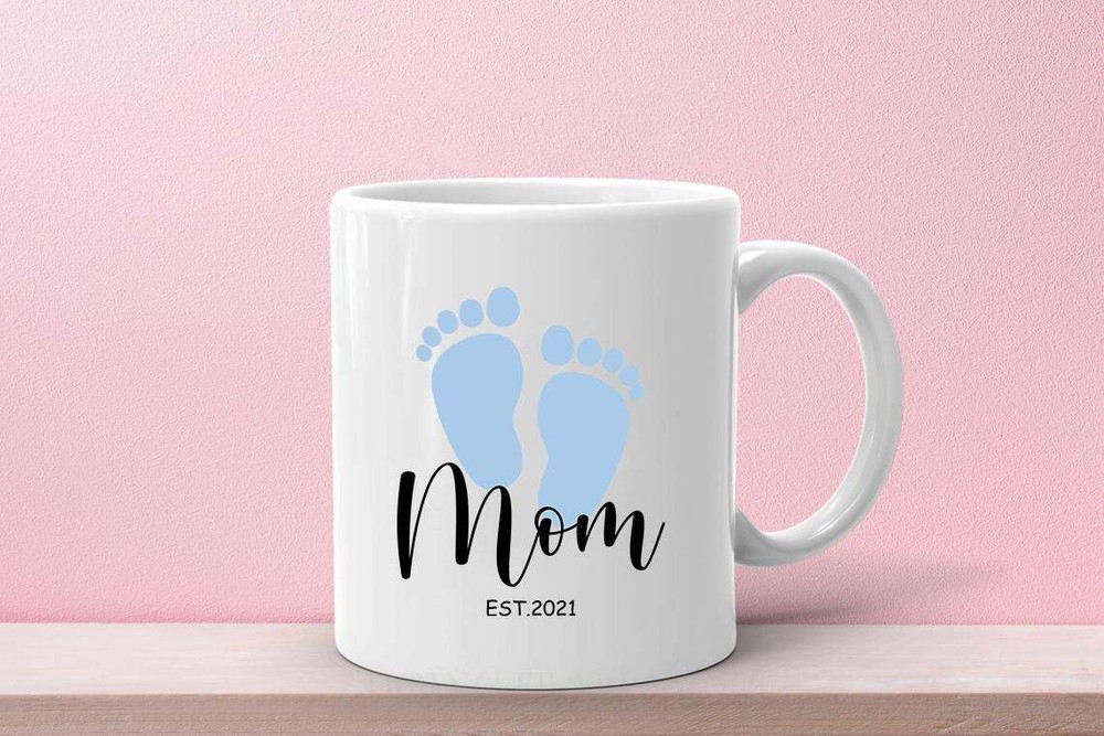 Mother's Day Mug Blue Baby Feet Mug Mom Established 2021 Gift For Expecting