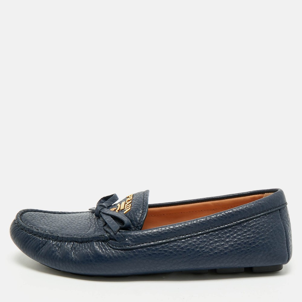 Prada Navy Blue Leather Bow Slip-On Loafers Women's Size 38