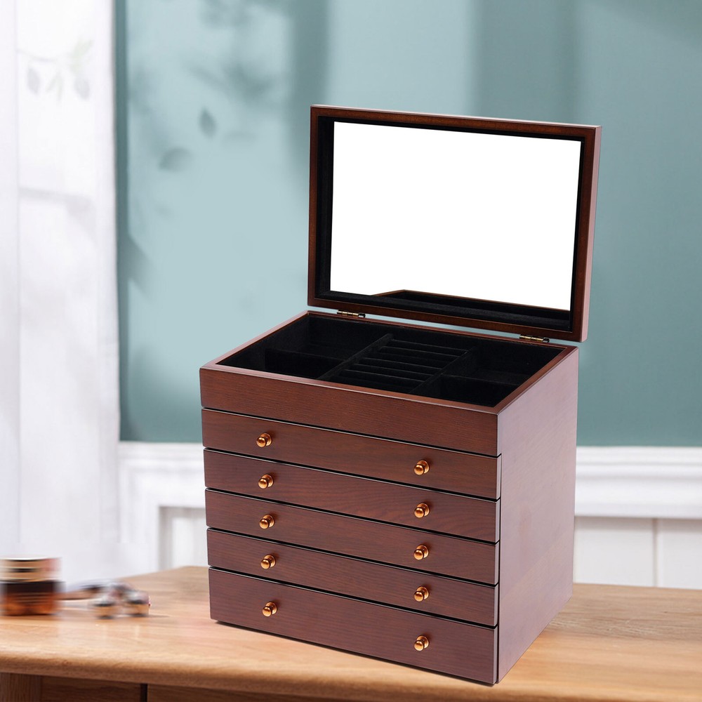 6-Layer Vintage Wooden Jewelry Box Spacious Storage Organizer
