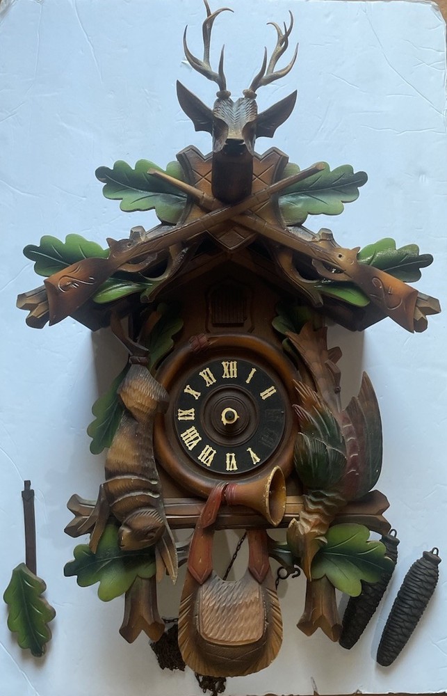Vintage Black Forest Cuckoo Clock with Rabbit Bird and Green Leaves Weights  