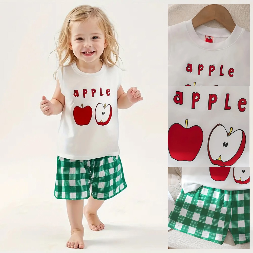 Toddler Baby Girls Tracksuit Set Kid Sleeveless Tops+Plaid Shorts Outfit Clothes