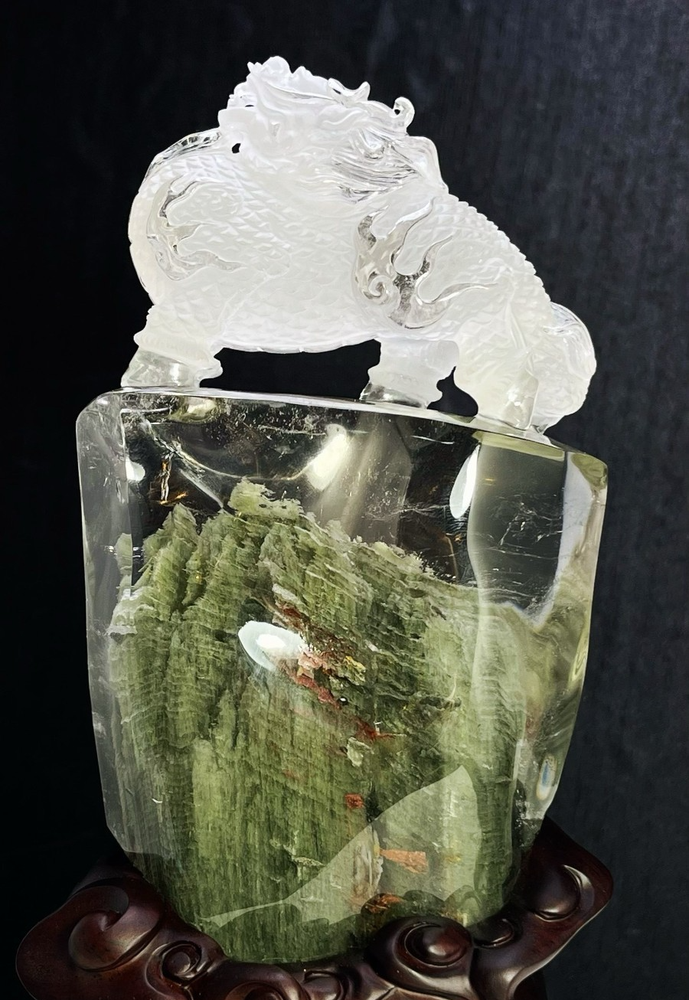 2.97LB Natural Ghost Phantom Qilin Carved Quartz Crystal skull reiki Healing