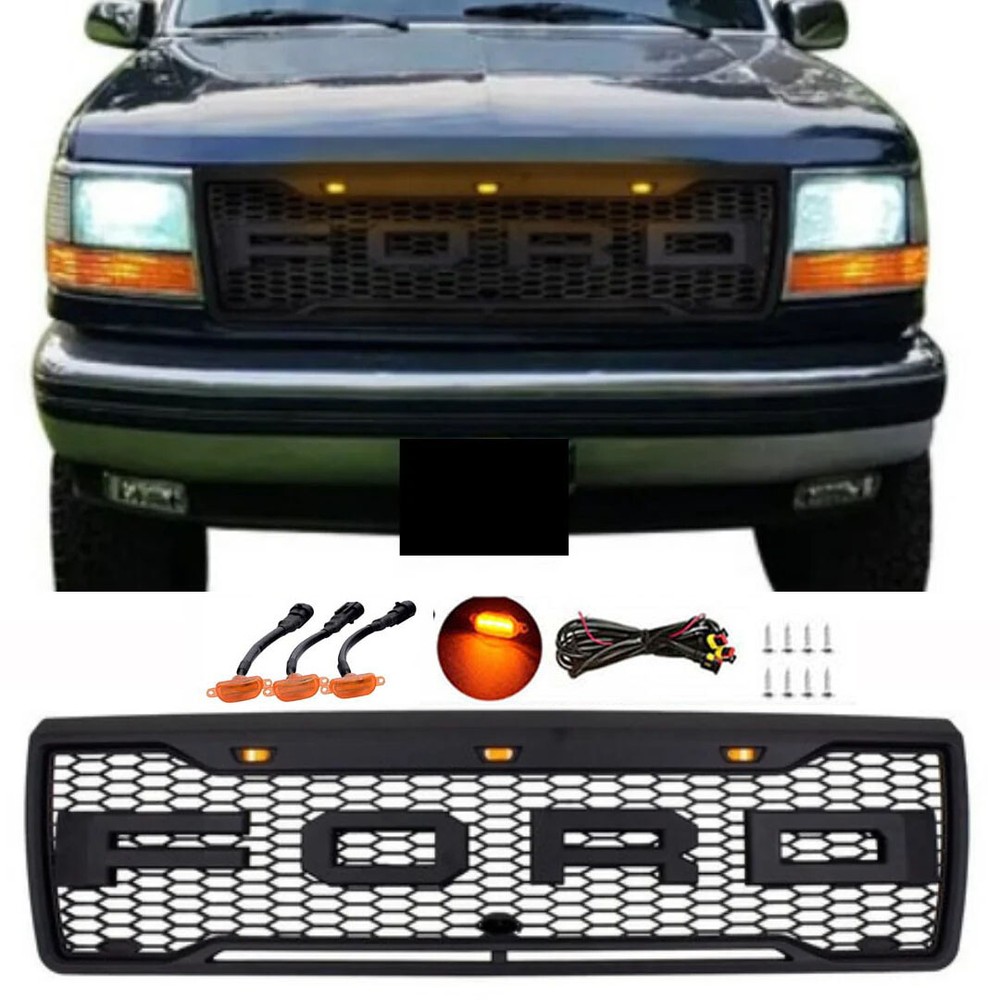 Bumper Grille for 1992-1996 For-d F150 Bronco Grill w/LED +Letters Matte Black