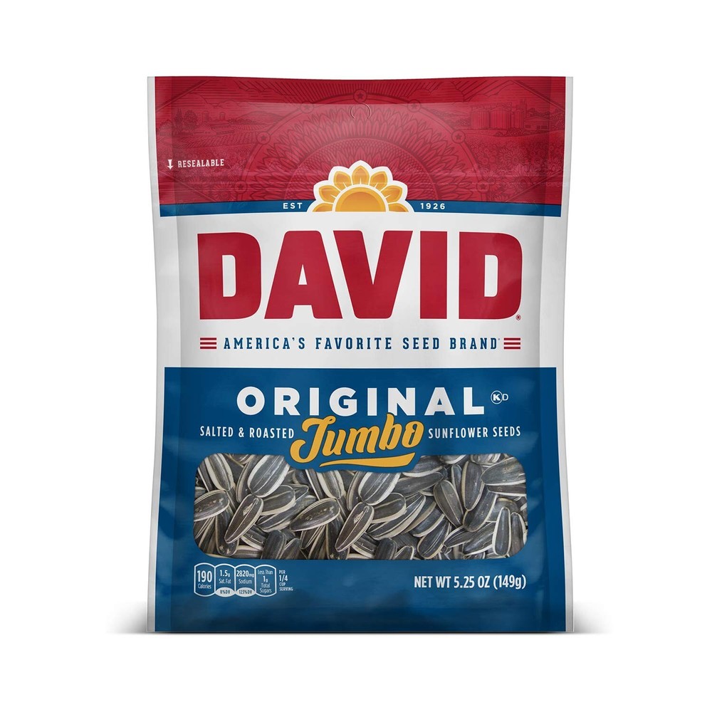 DAVID Seeds Roasted Jumbo Sunflower Seeds Keto Friendly Snack 5.25 OZ Bags 12 Pk