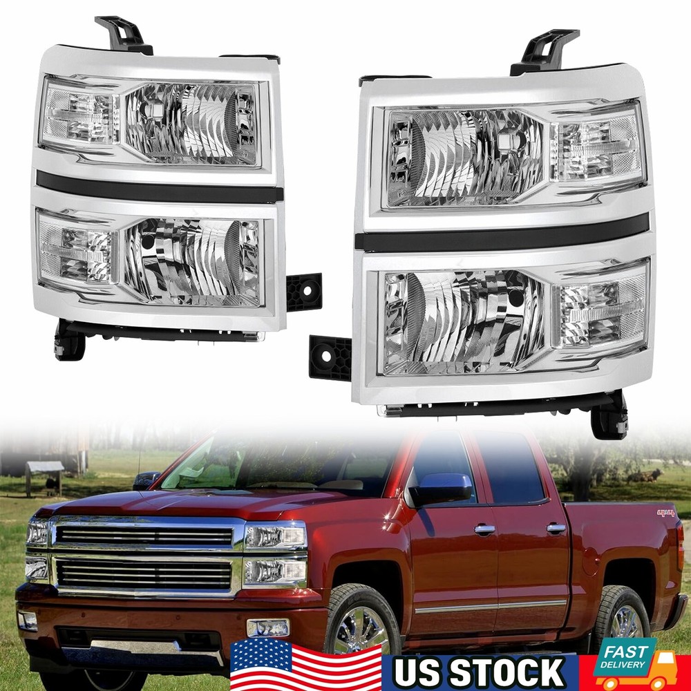 Driver&Passenger Headlights Assemblies Chrome For Chevy Silverado 1500 2014-2015