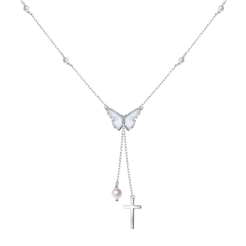 925 Sterling Silver Y Necklace for Women Butterfly and Cross Sweater Lariat N...