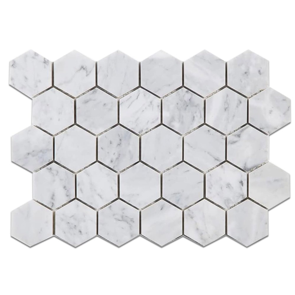 Carrara White Marble Mosaic Tile, 2 Inch Hexagon, Matte, Italian Bianco Carre...