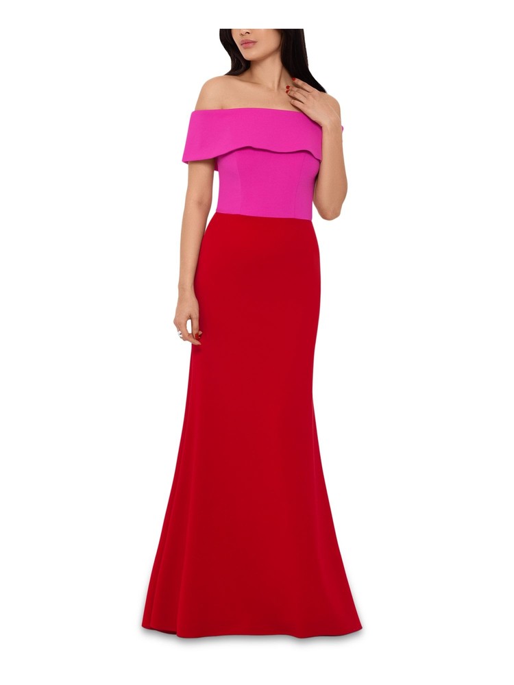 BETSY & ADAM Womens Pink Stretch Scuba Crepe Short Sleeve Gown Dress 2