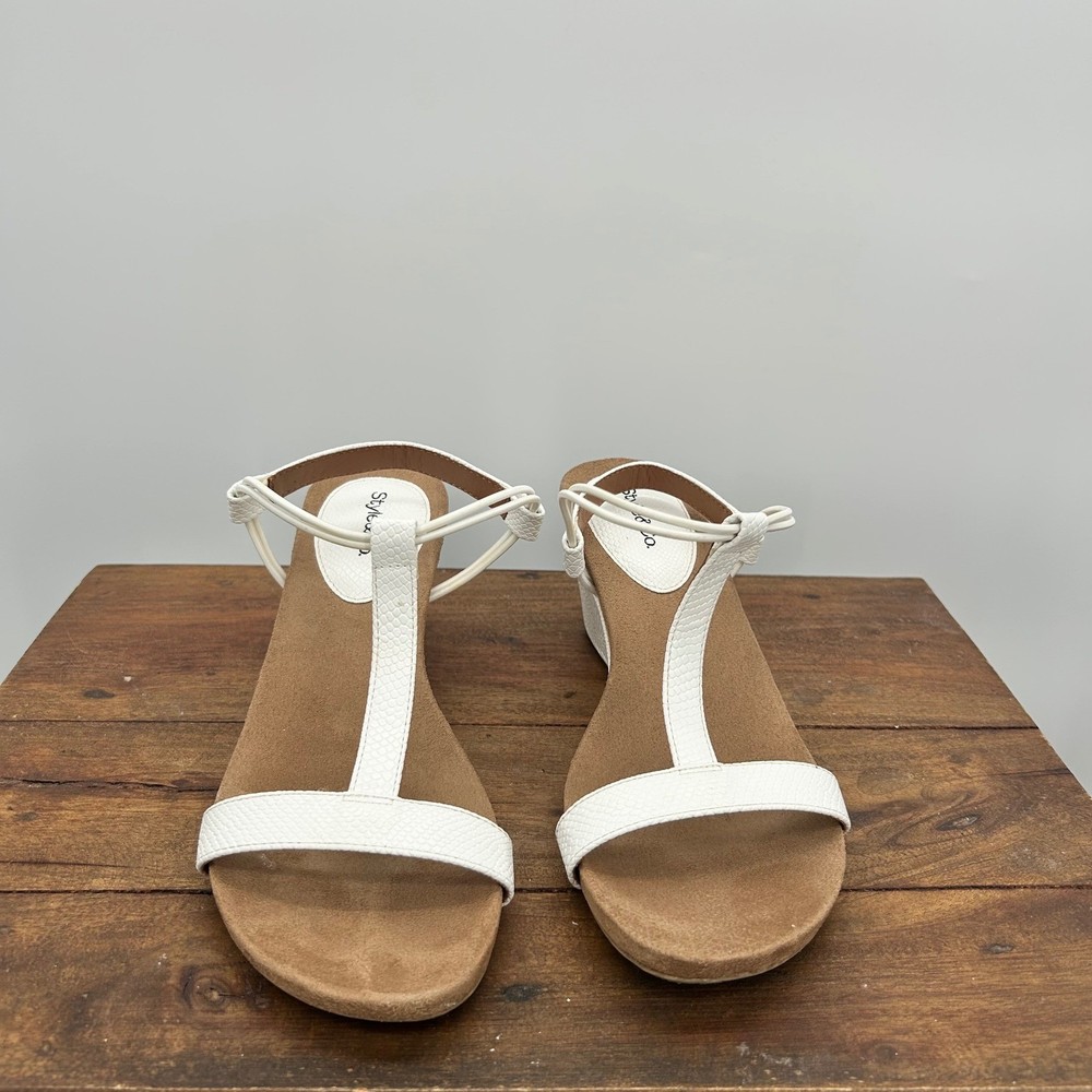 Style & Co Mulan White Textured T-Strap Wedge Sandals Womens 7.5 Slingback Heel